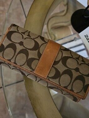 Coach Tan Genuine Leather Stripe Signature Canvas Classic Full-size Wallet